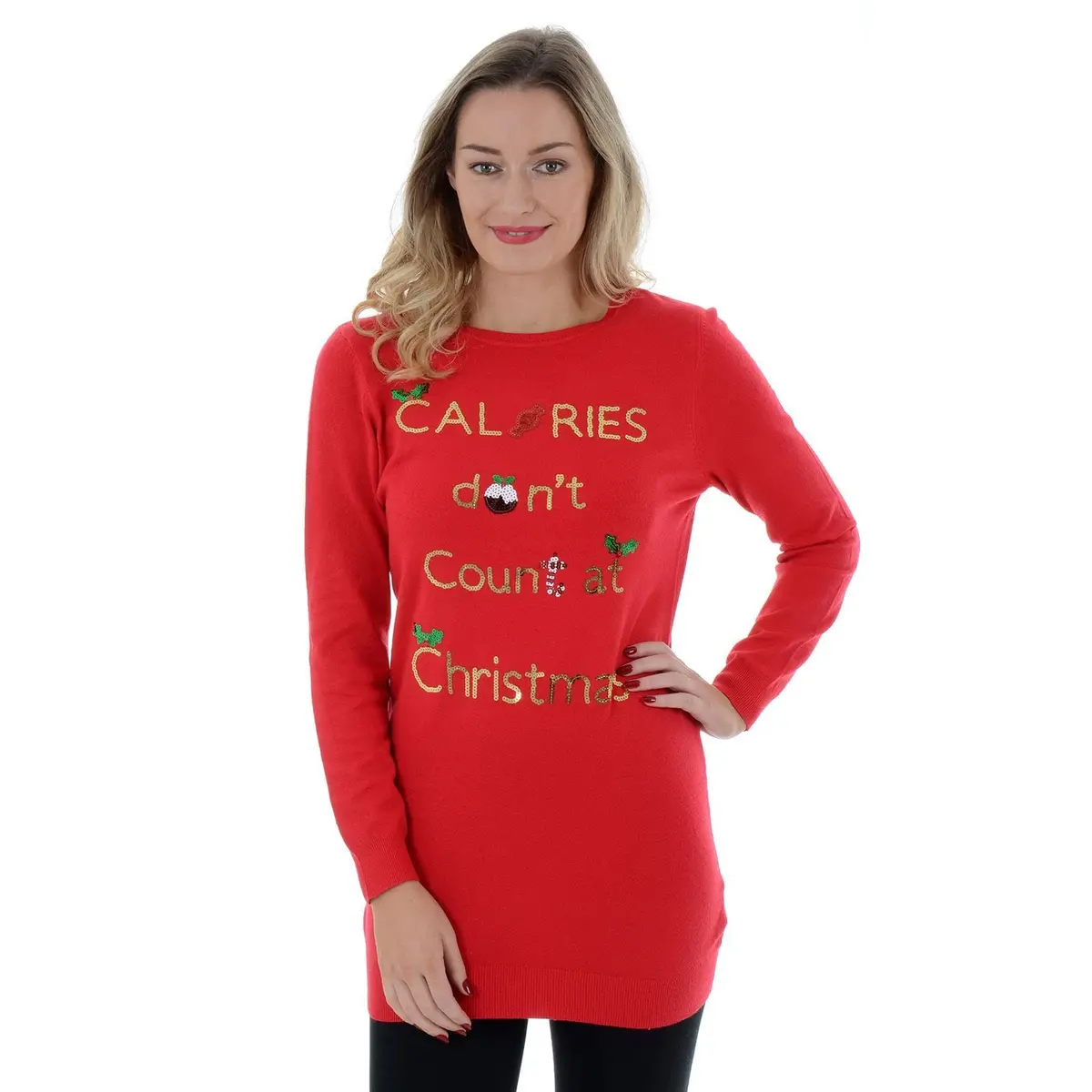 Women's Festive Novelty Tunic Jumper – 'Calories Don't Count at Christmas'