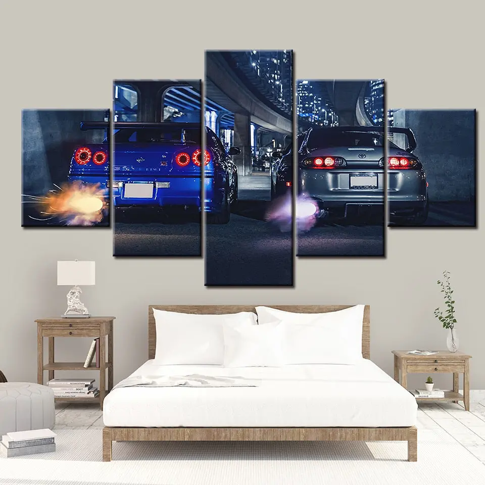 Hd Canvas Printed Painting 5 Piece Wall Art Jdm Skyline Gtr R34 Rb26dett Vs Supra Mk4 2Jz-Gte Twin Turbo Car Poster Picture 1