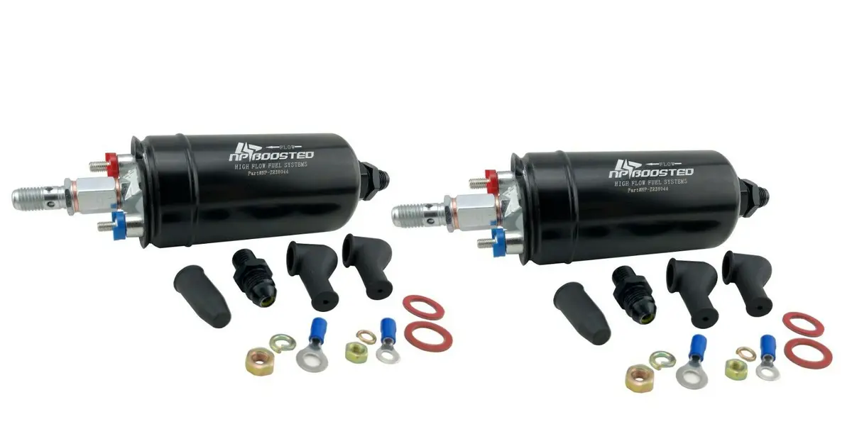 380Lph X2 External Hi Flow Fuel Pumps & Connectors + Check Valve 044 Bosch Style 1