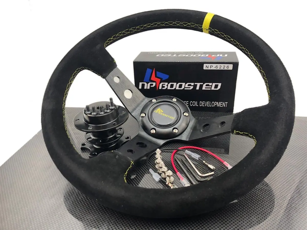 350Mm Corsica Deep Dished Suede Leather Steering Wheel 14" Yellow Stitch Hub Kit 1