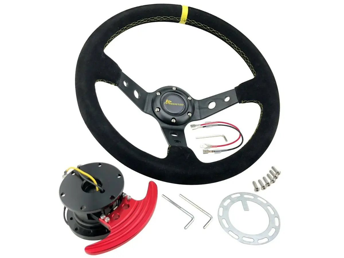 350Mm Offset Racing Yellow Stitched Suede Steering Wheel & Flip Up Quick Release 1