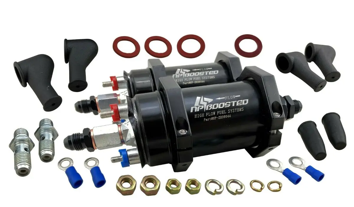 Twin 380Lph Efi Hi Flow Inline Fuel Pumps + Double 60Mm Bracket Kit An6 Fittings 1