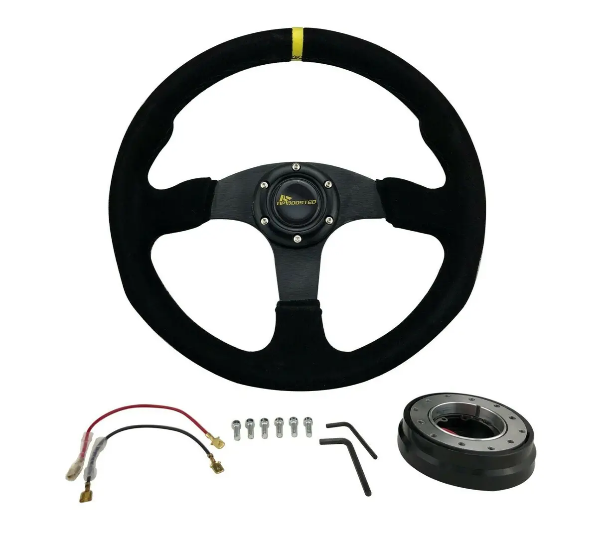 14" Black Suede Flat Race Steering Wheel & Quick Release Hub For Honda Acura Jdm 1
