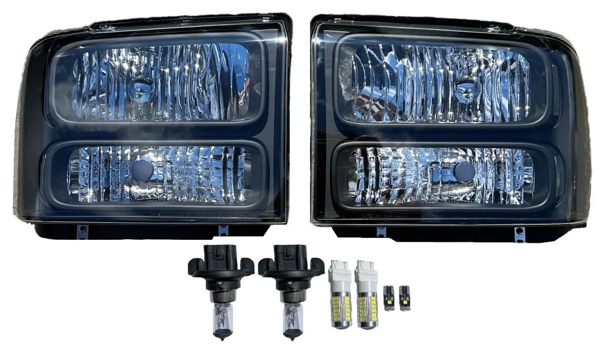 Black Headlights Headlamps + Led Halogen Bulbs For 2005 2006 2007 F250 F350 F450 1