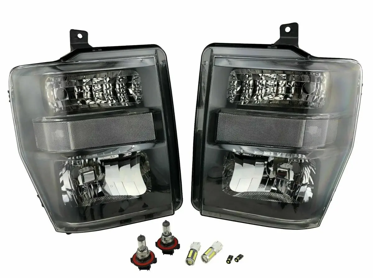 Fits 08-10 Ford F250 F350 Super Duty Black Housing Clear Corner Headlight Lamps 1