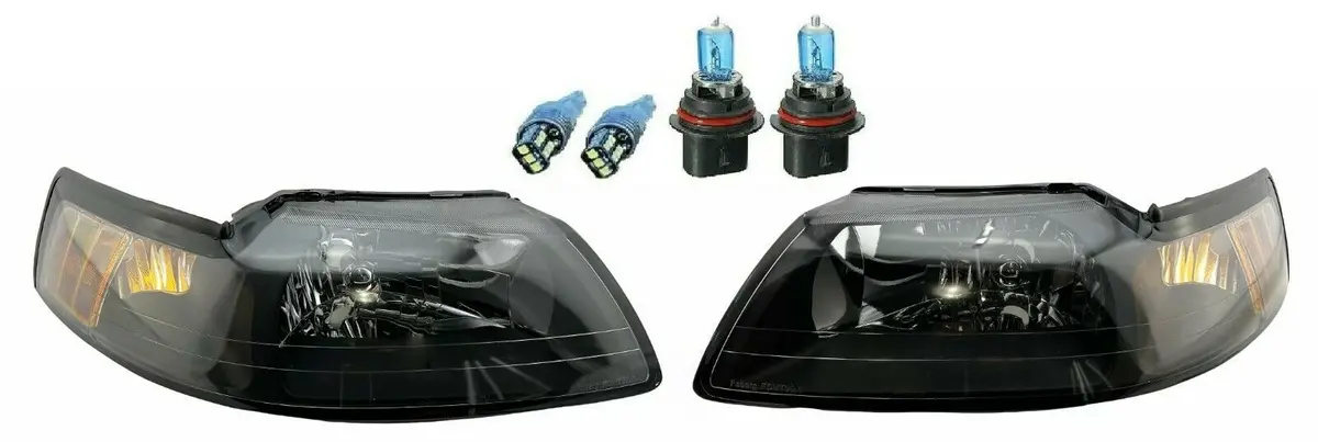 Left + Right Black Led Halogen Headlights Head Lamp Light For 99-04 Ford Mustang 1