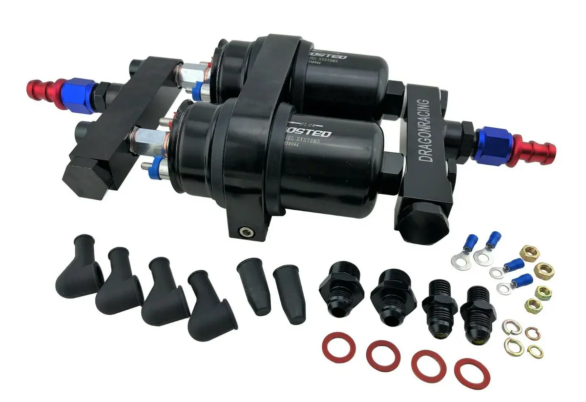 2 Performance 044 External Pumps W/ Bracket & Twin Manifolds 1200Hp Rated 760Lph 1