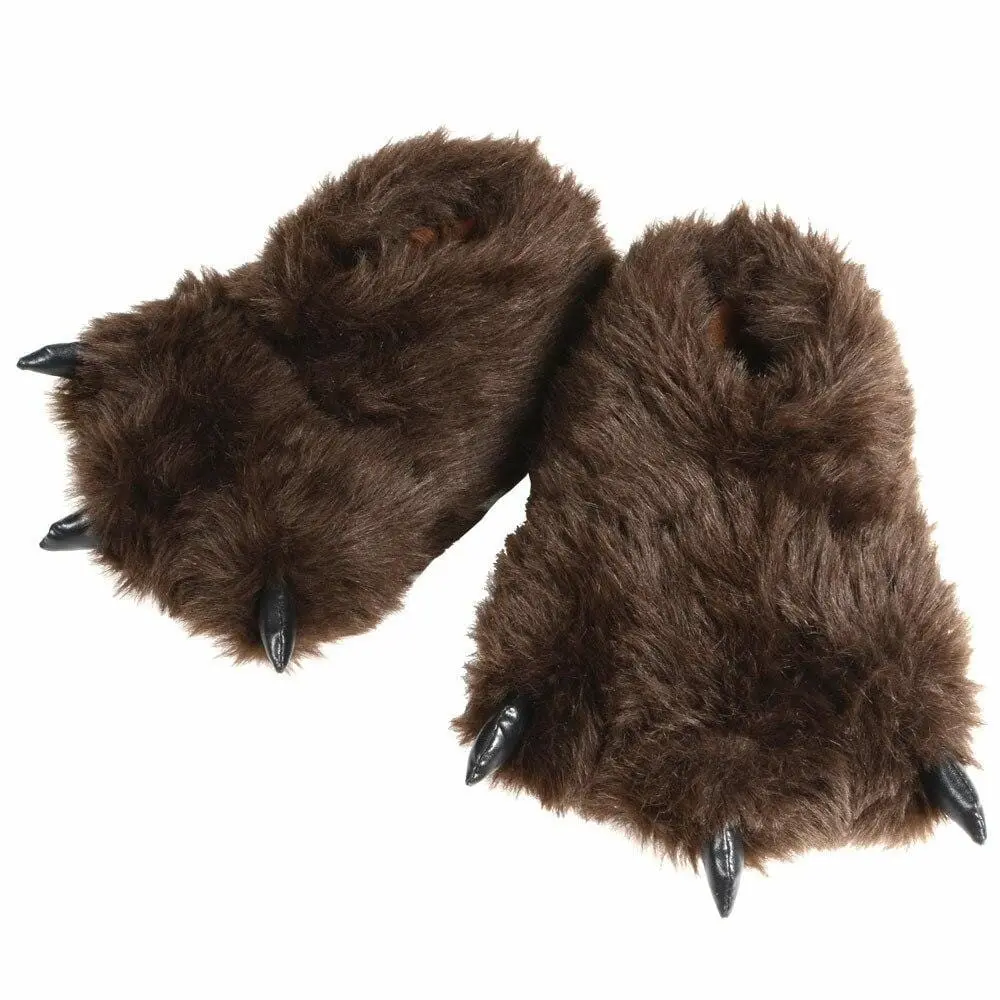 Mens Novelty Fluffy Brown Bear Feet Slippers & Non Slip Sole 1