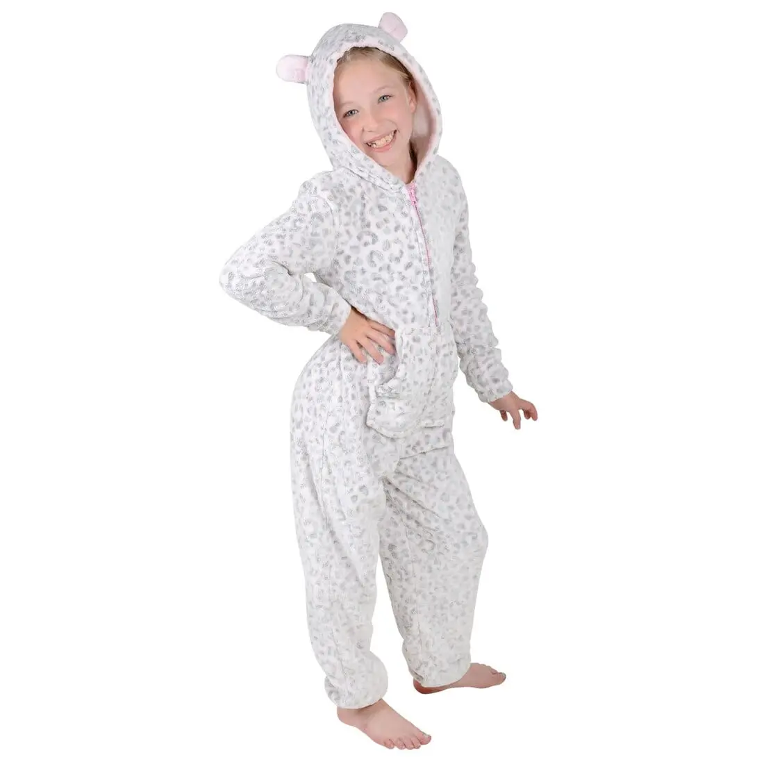 Girls Fleece Hooded All In One Pyjamas Embossed Leopard Print 1