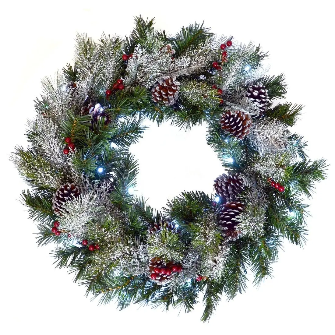 Led Snow Frosted Christmas Wreath With Berries & Pine Cones 1