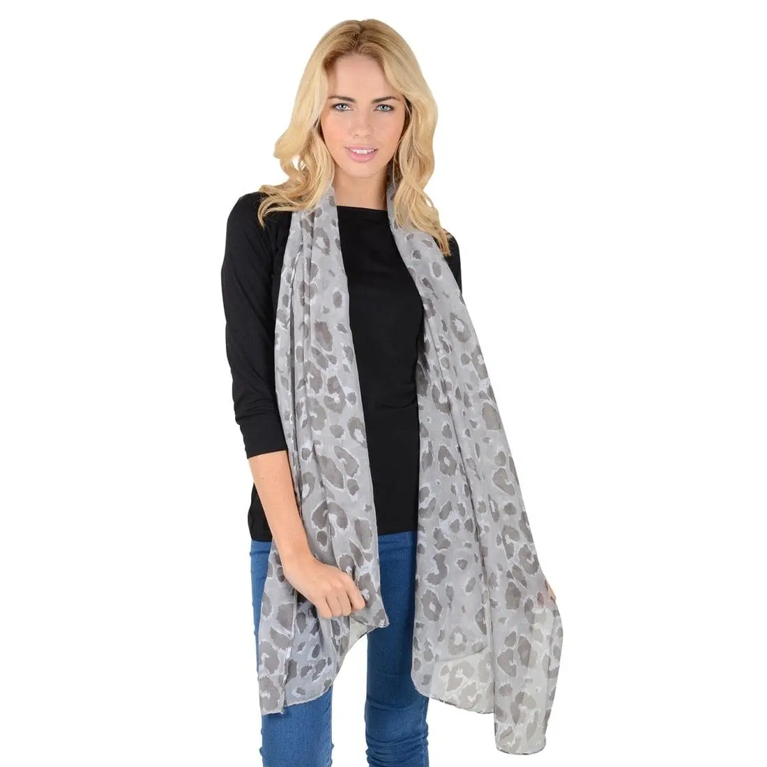 Womens Tanzania Grey Animal Print Lightweight Sheer Scarf 1