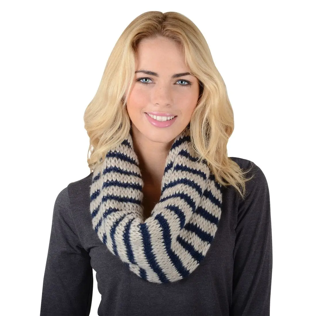 Womens Winter Snood Loop Scarf Navy Beige Stripe Knit Berlin 1