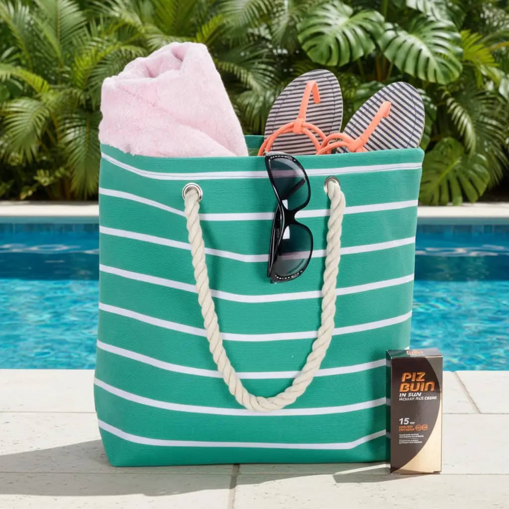 Womens Striped Canvas Beach Shoulder Bag Shopping Tote (Slight Seconds) 1