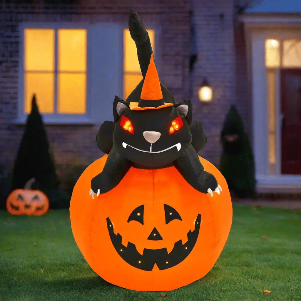 Giant 4Ft Inflatable Light Up Pumpkin Black Cat Halloween Outdoor Decoration 1