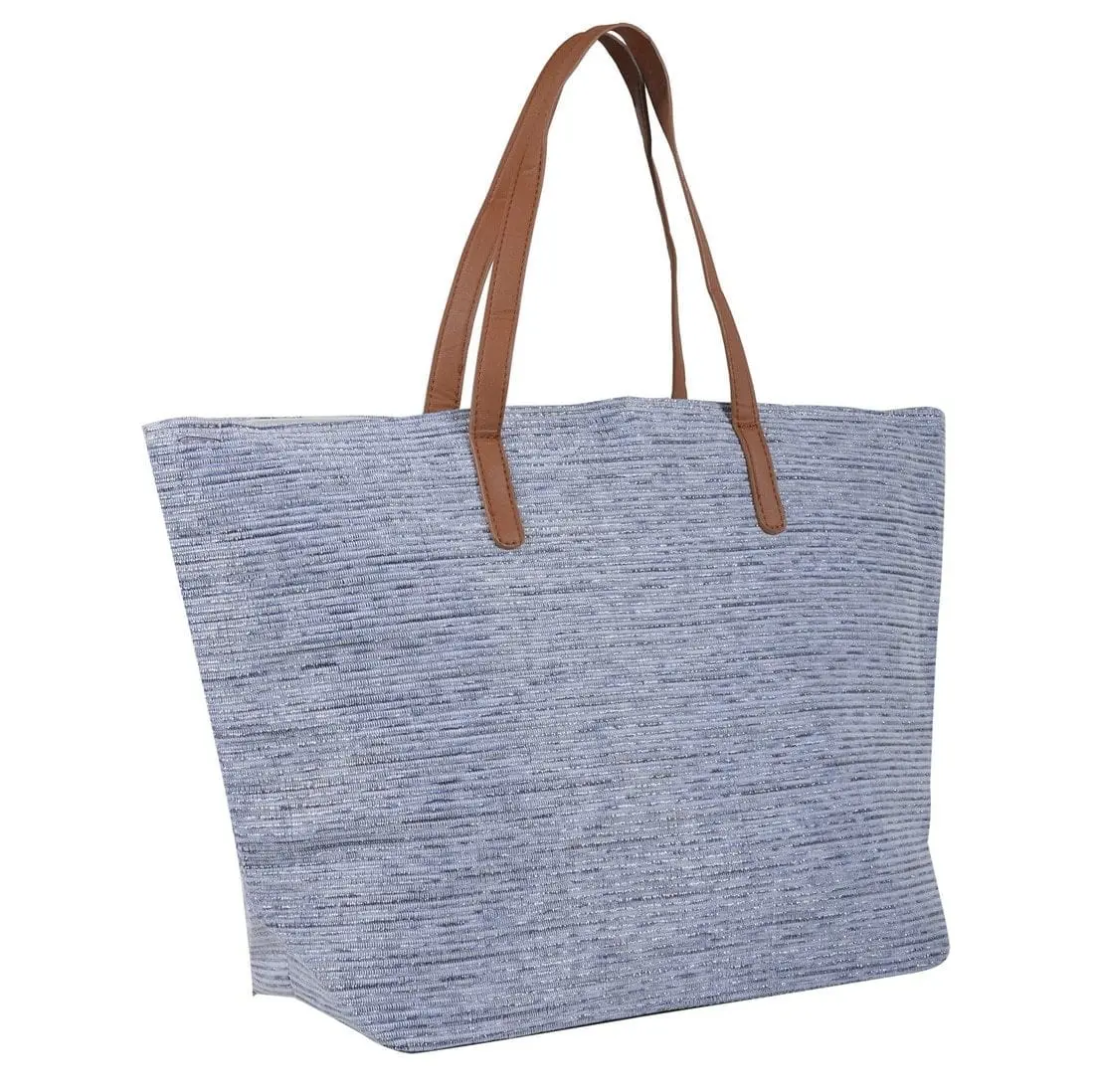 Womens Blue Sparkle Beach Bag Shopping Tote Brown Handles 1
