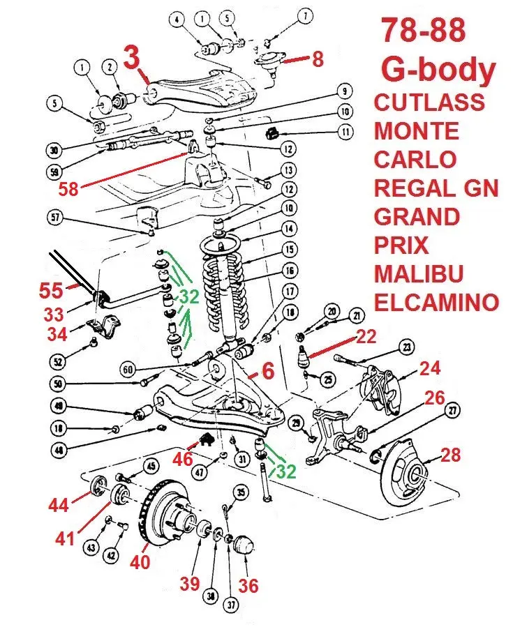 Entered 78-88 G-Body Front Suspension Parts, Drawing 1