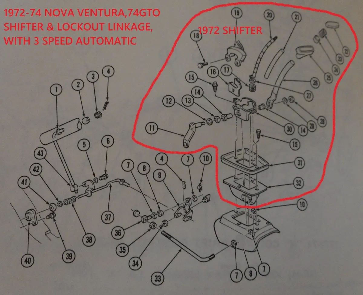 Entered 73 -74 Nova Floor & Column Auto Shifter Linkage, Drawing 1