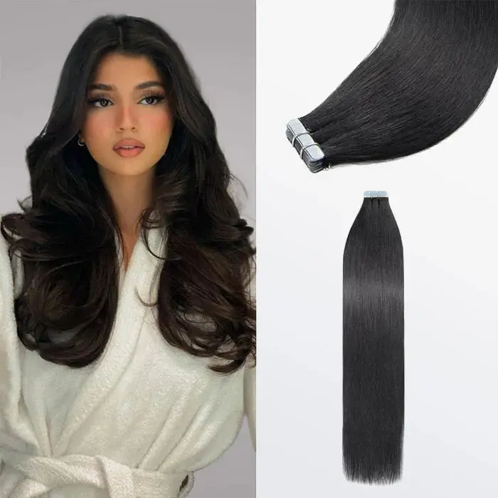 Straight Tape In Remy Hair Extensions #1 Jet Black 1