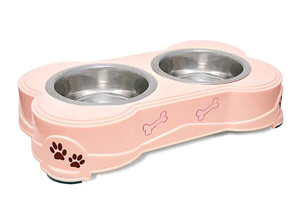 Loving Pets Double Diner Dog Bowl Paw Print & Bone Paparazzi Pink 1