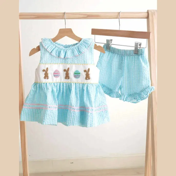 Blue Easter Bunny Egg French Knot Girl Gingham Seersucker Set Hs240925 1