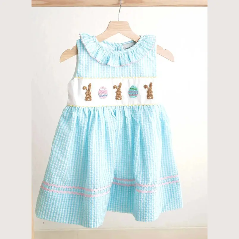 Blue Easter Bunny Egg French Knot Girl Gingham Seersucker Dress Hs240929 1