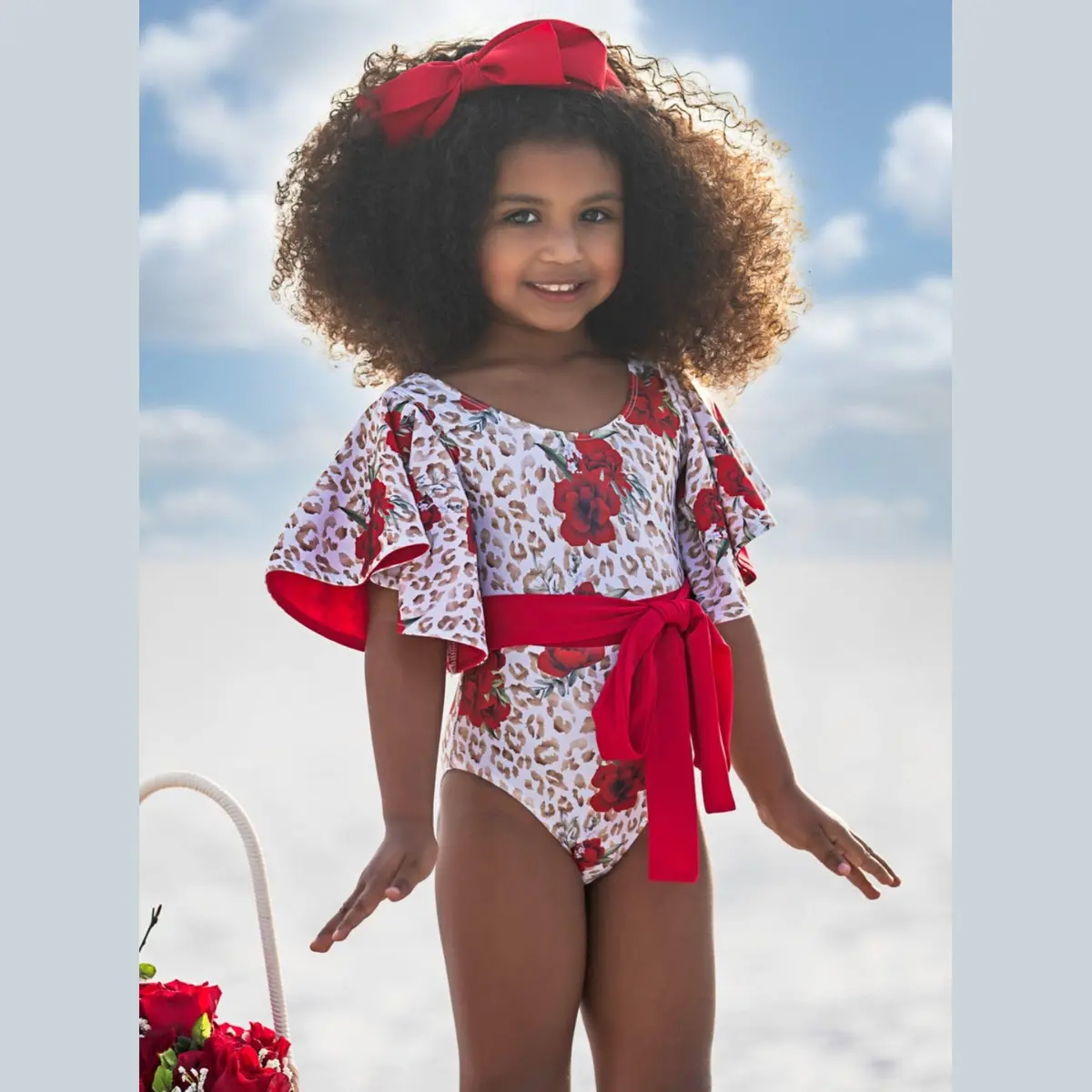 Mia Belle Girls Spots And Petals Flare Sleeve One Piece Swimsuit 1