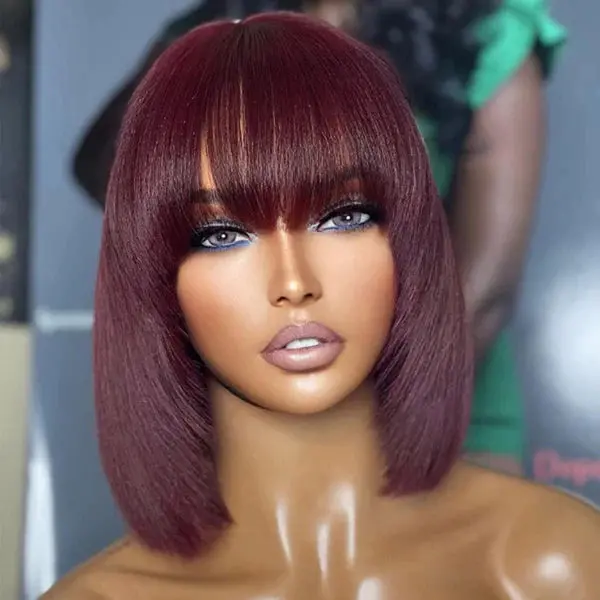 Reddish Purple Layered Cut Yaki Straight #99J Lace Bob Wig With Bangs 1